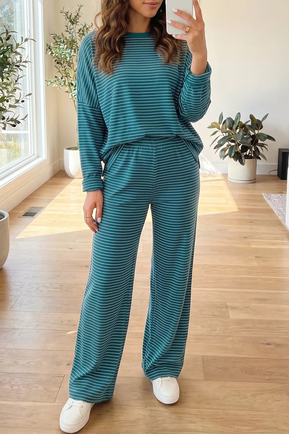 Stripe Dropped Shoulder Long Sleeve Top Elastic Waist Pants Casual 2pcs Set
