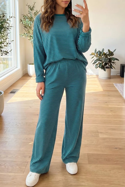 Stripe Dropped Shoulder Long Sleeve Top Elastic Waist Pants Casual 2pcs Set