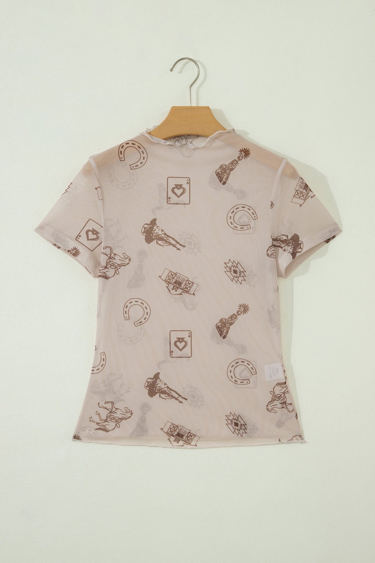 Oatmeal Western Printed Mesh Short Sleeve Top