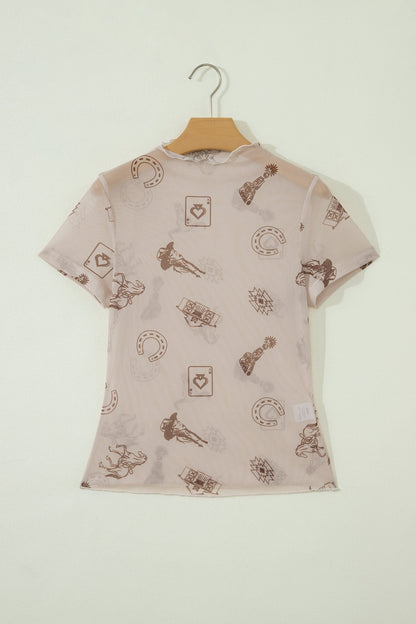 Oatmeal Western Printed Mesh Short Sleeve Top