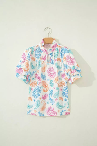 Multicolour Vibrant Paisley Printed Button Keyhole Puff Sleeve Blouse