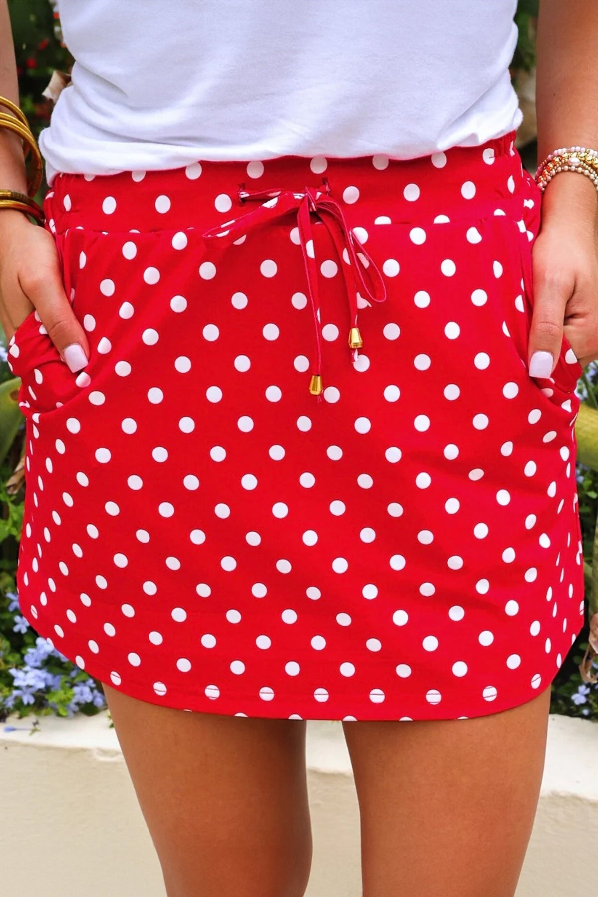 Fiery Red Polka Dot Drawstring Casual Mini Skort