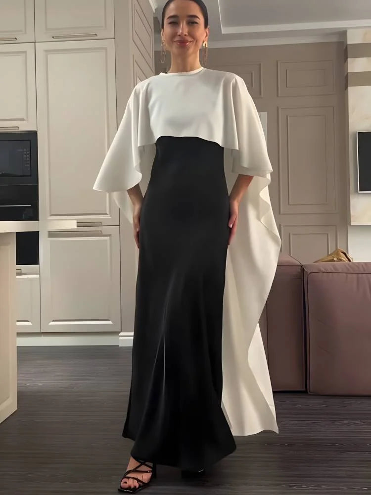 Contrast Shawl Crewneck Two-Piece Slip Skirt Set