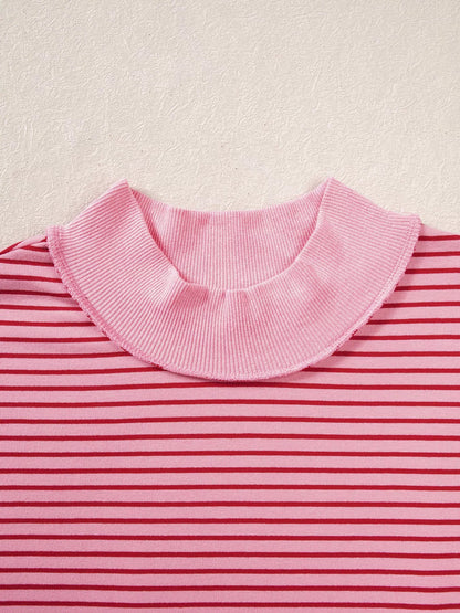 Stripe Ribbed Color Block Mock Neck Oversized Sweatshirt