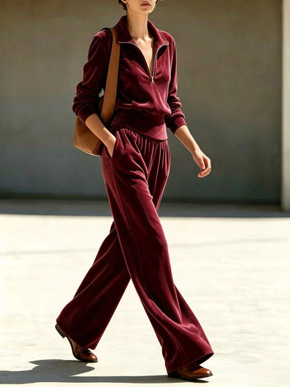 Full Size Quarter-Zip Top and Wide-Leg Pants Set Plus Size