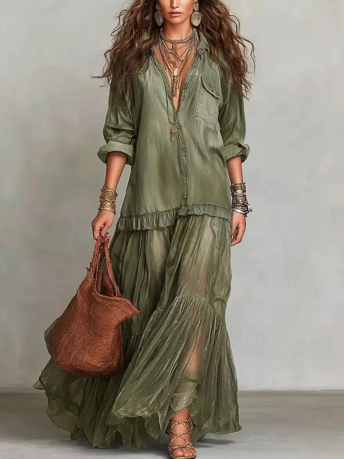 Full Size Sheer Tiered Long Sleeve Maxi Dress Plus Size