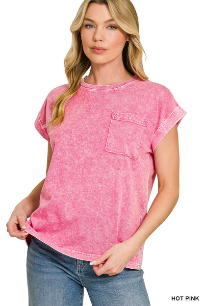 Zenana Halo Snow Washed Cuffed Short Sleeve Tee
