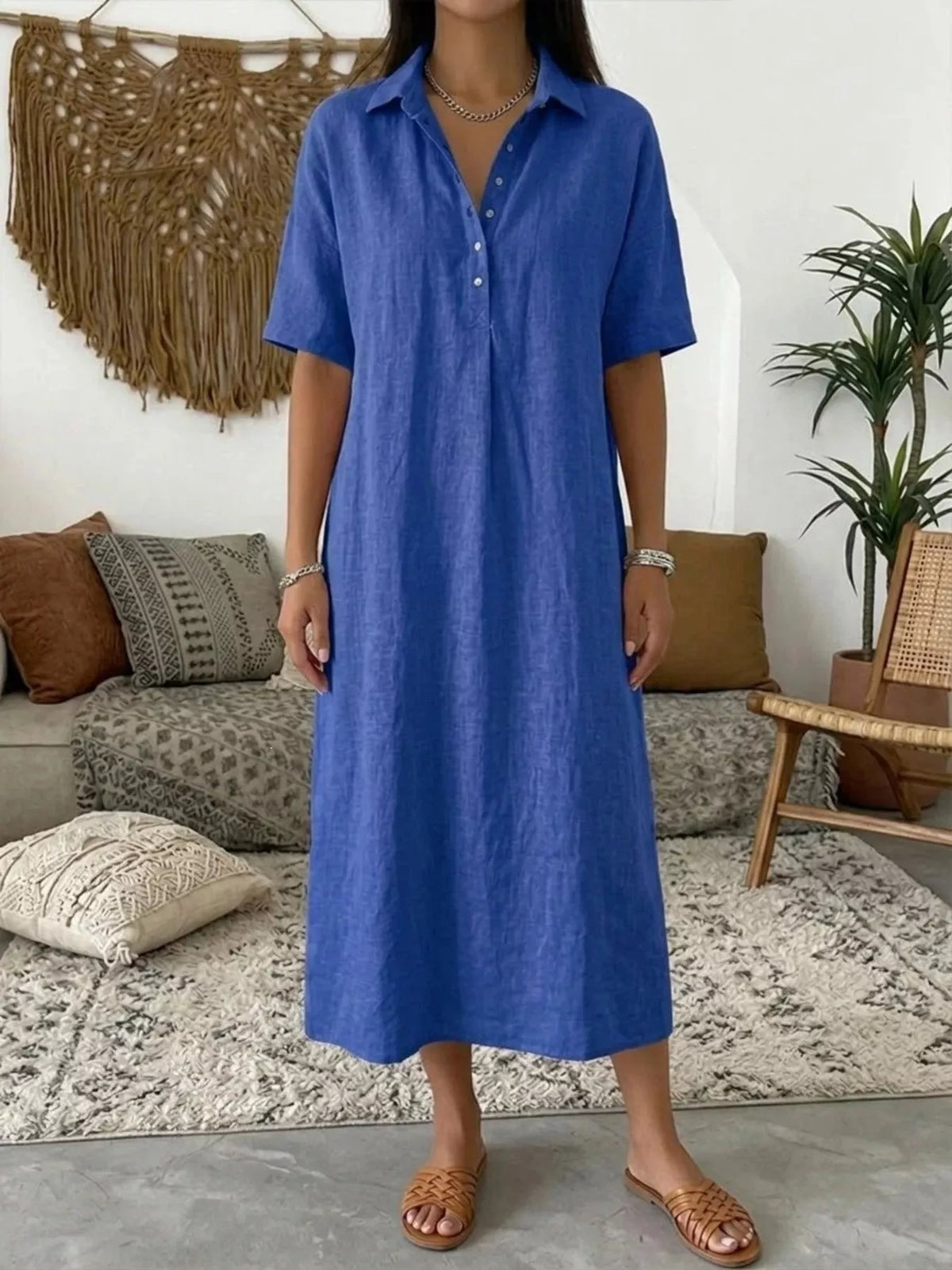 Full Size Button Detail Short Sleeve Midi Shirt Dress Plus Size