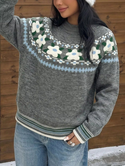 Floral Pattern Round Neck Sweater