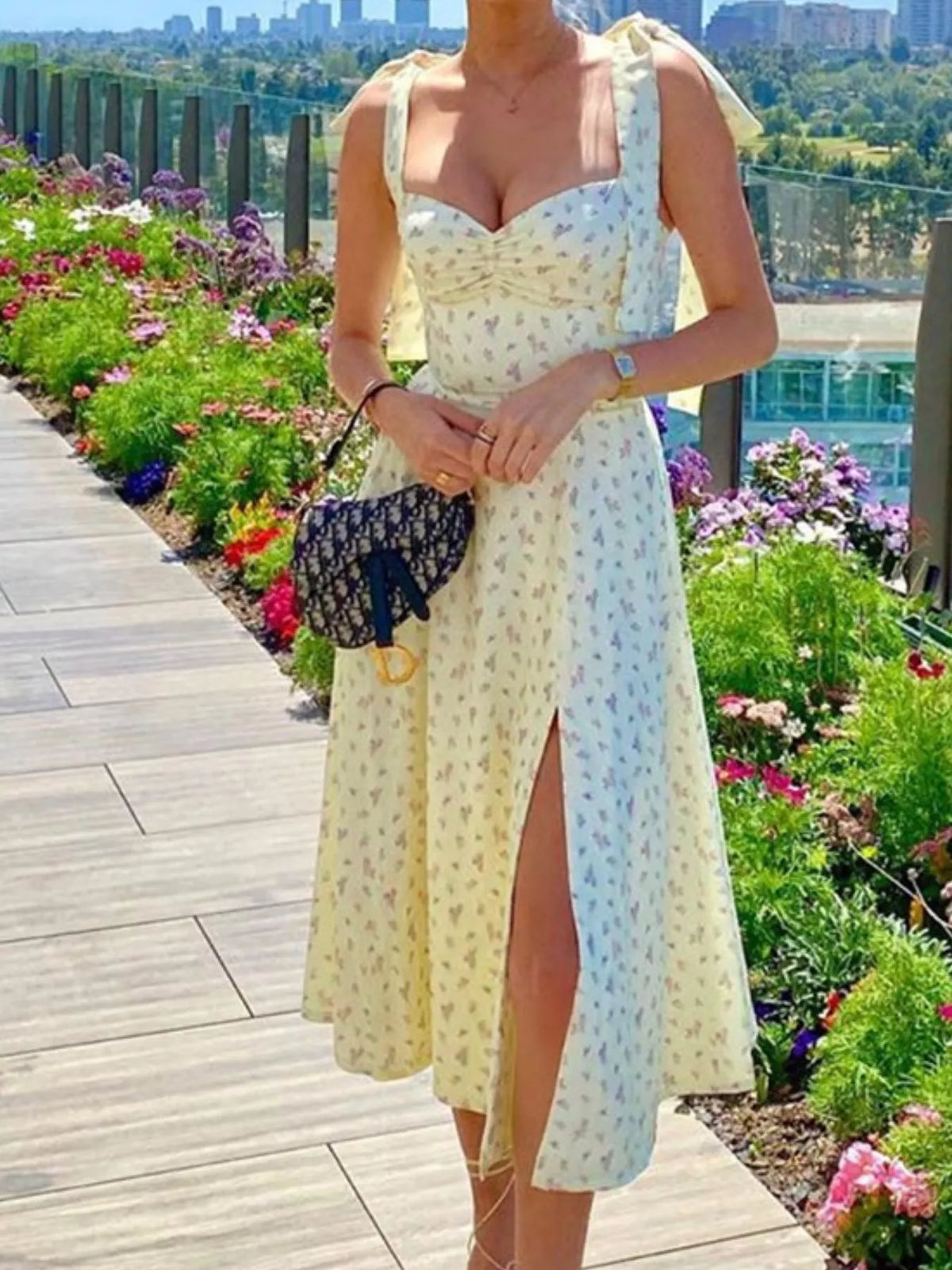 Bella's Floral Print Tie Shoulder Slit Midi Dress