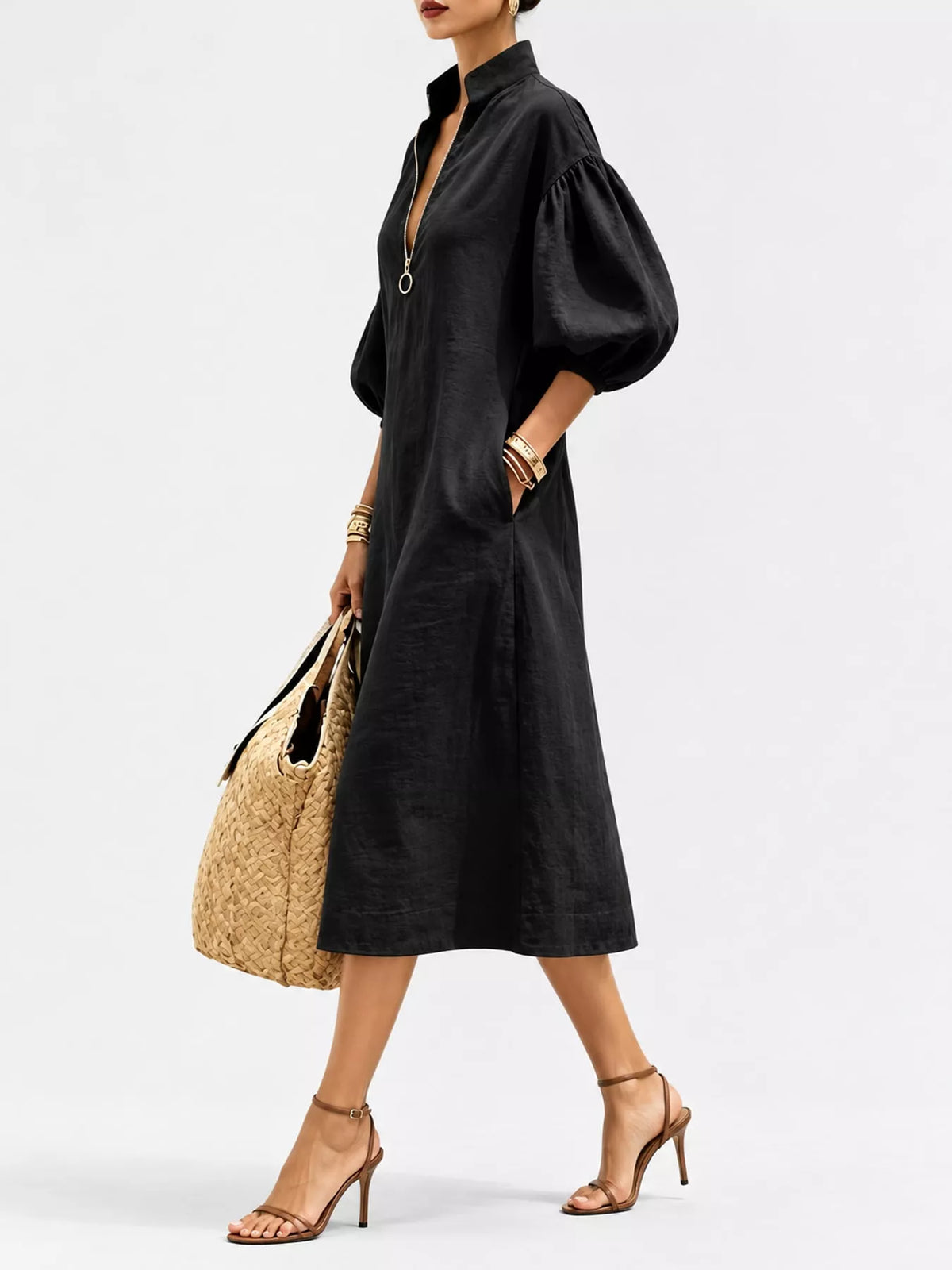 Half-Zip Puff Sleeve Midi Dress