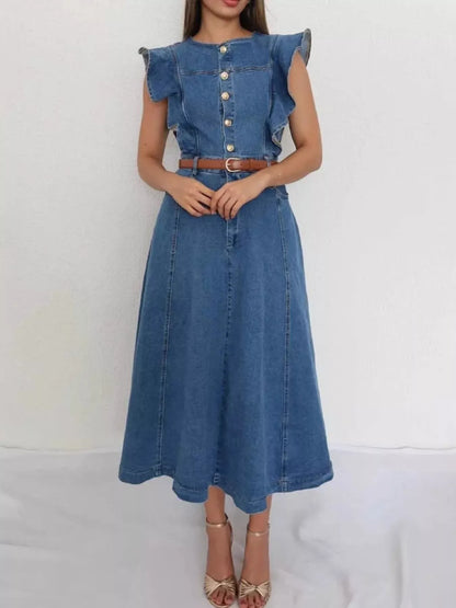 Ruffled Button Front Denim Dress