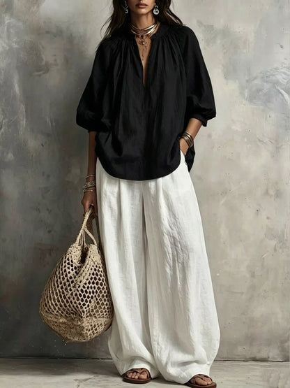Notched Blouse and Wide-Leg Pants Set