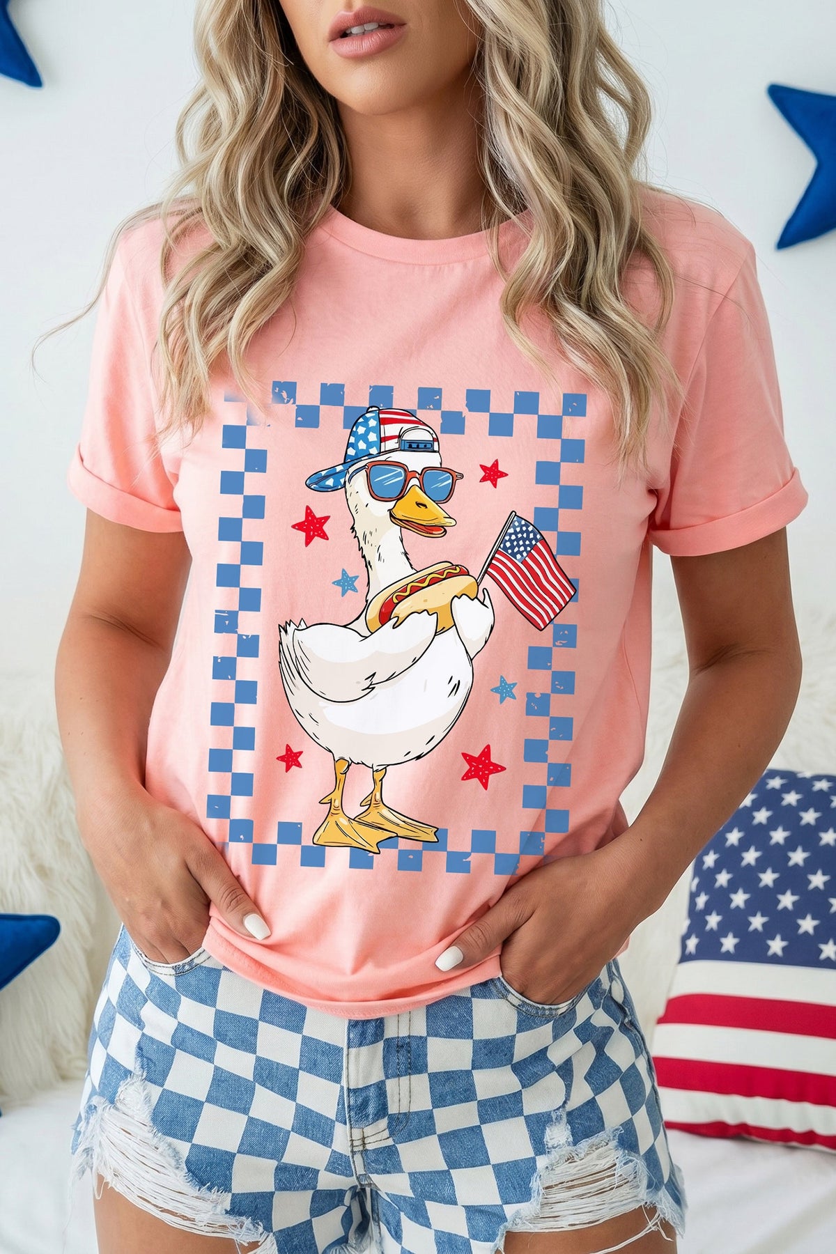Pink America Goose 4th Of July Patriotic Flag Graphic T Shirt