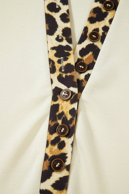 Beige Plus Size Leopard Contrast Patchwork Polo Tee