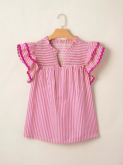 Stripe Shirred Yoke Ruffled Short Sleeve Blouse