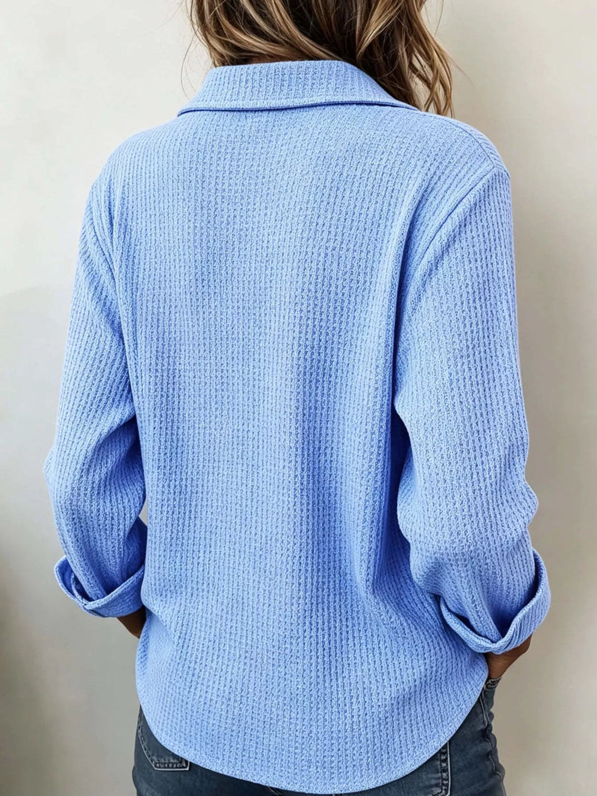 Full Size Waffle Knit Long Sleeve Polo Top Plus Size