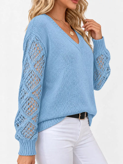 Full Size V-Neck Hollow-Out Long Sleeve Sweater Plus Size