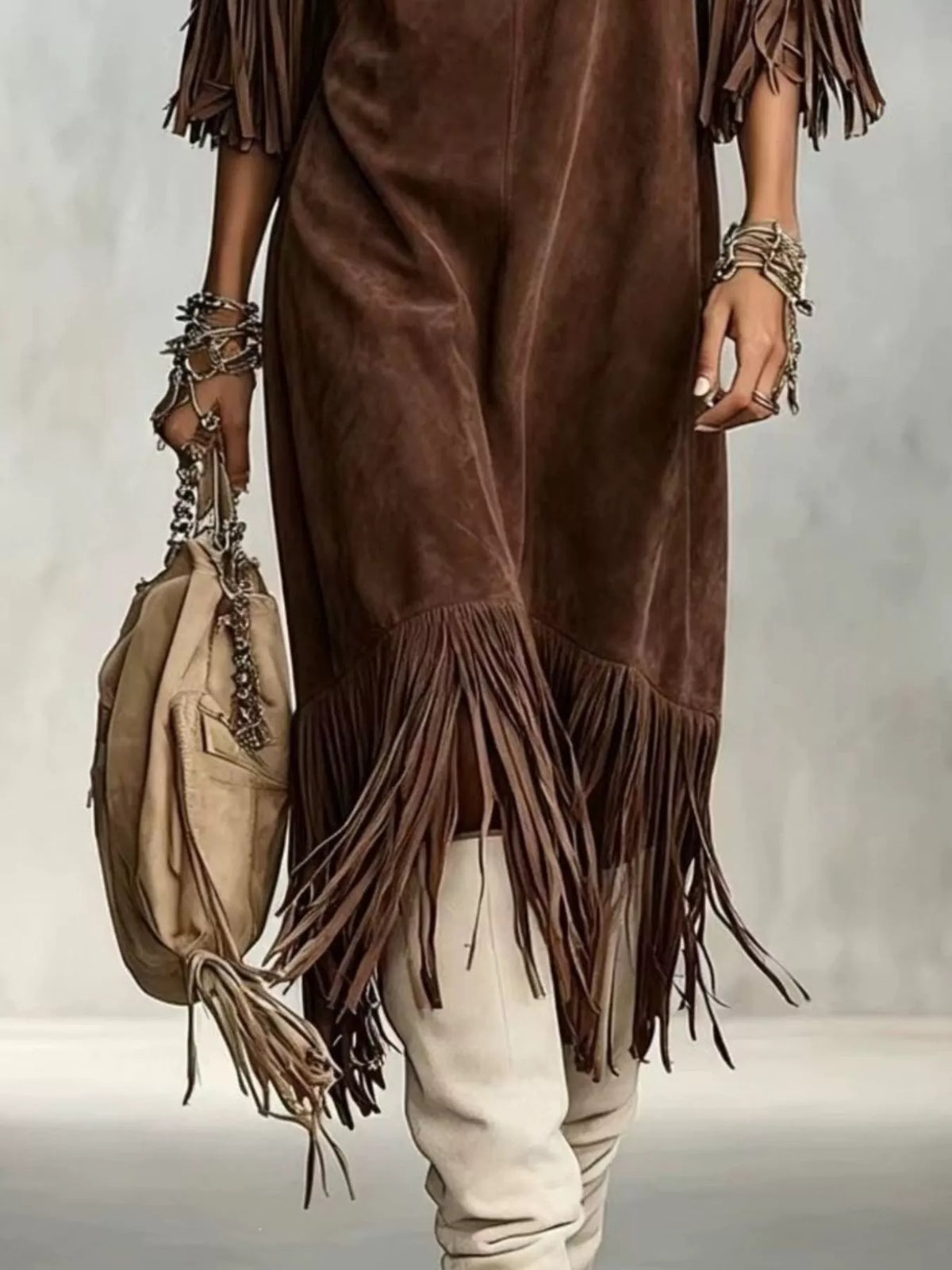 Fringed Round Neck Midi Dress