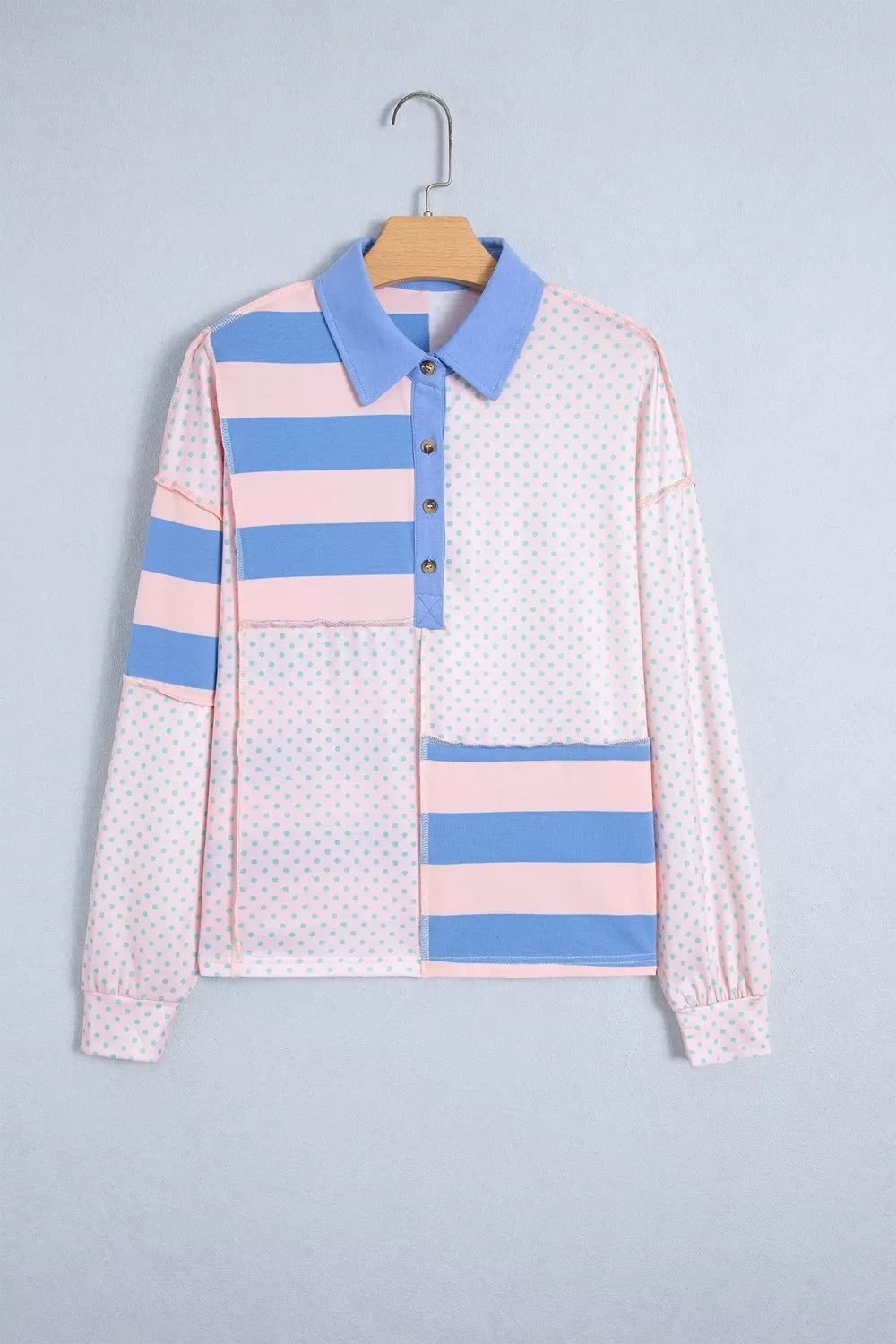 Striped Polka Dot Patchwork Polo Collar Long Sleeve Top