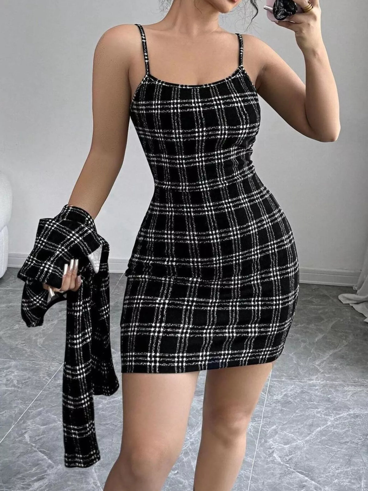 Plaid Tweed Crop Outerwear and Bodycon Mini Dress Two-Piece Set
