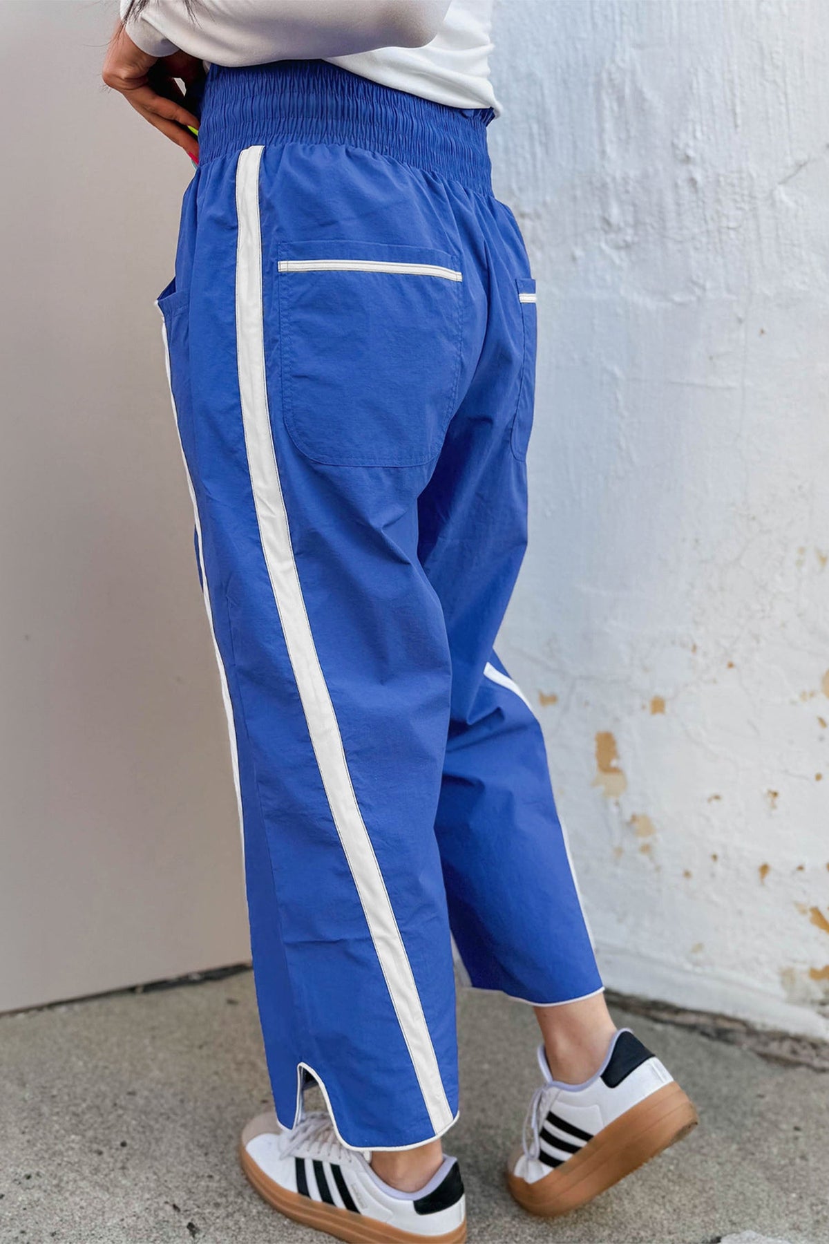 Black Contrast Striped Smocked Waist Drawstring Cropped Casual Pants