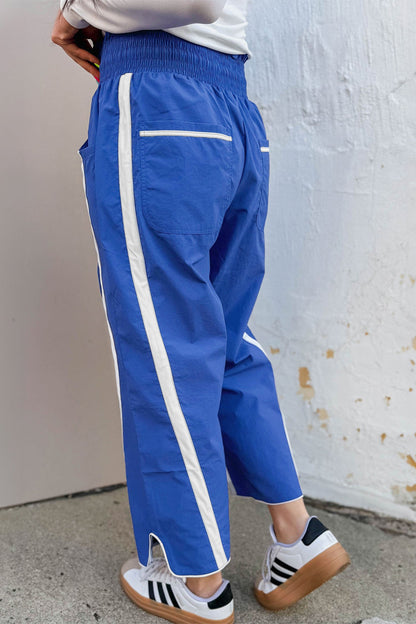 Black Contrast Striped Smocked Waist Drawstring Cropped Casual Pants