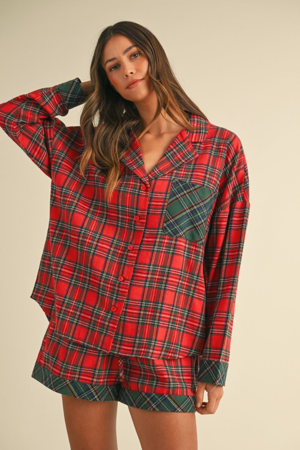 Annie Wear Contrast Plaid Long Sleeve Top And Shorts Pajama Set