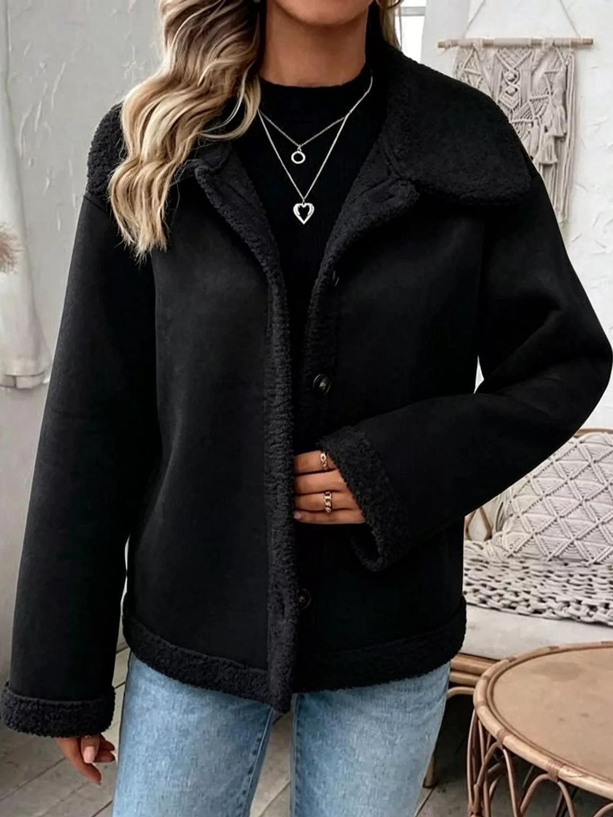 Full Size Cozy Faux Suede Sherpa-Lined Button-Down Jacket Plus Size