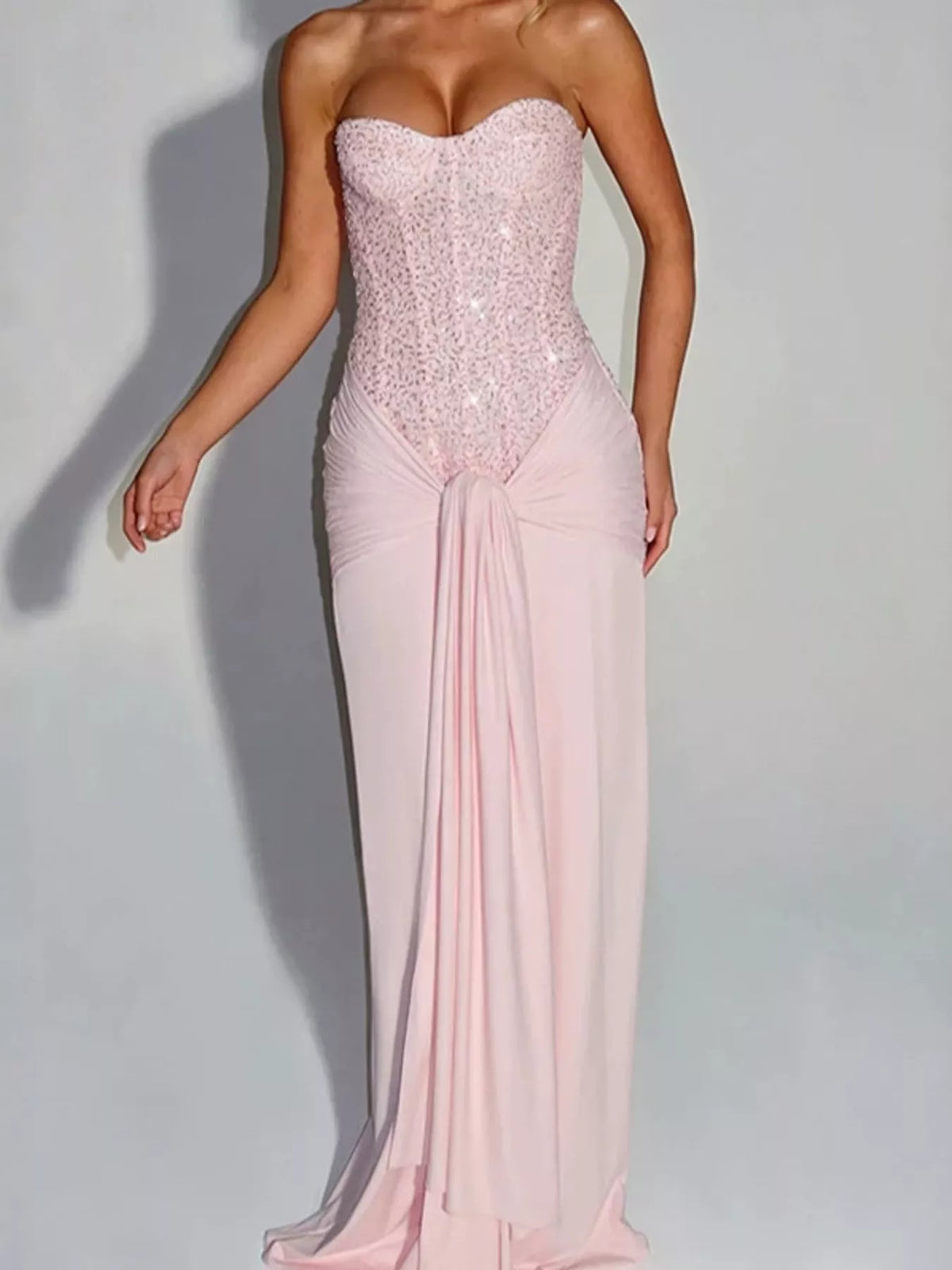 Elegant Strapless Sequin Corset Maxi Dress with Draped Waist Detail