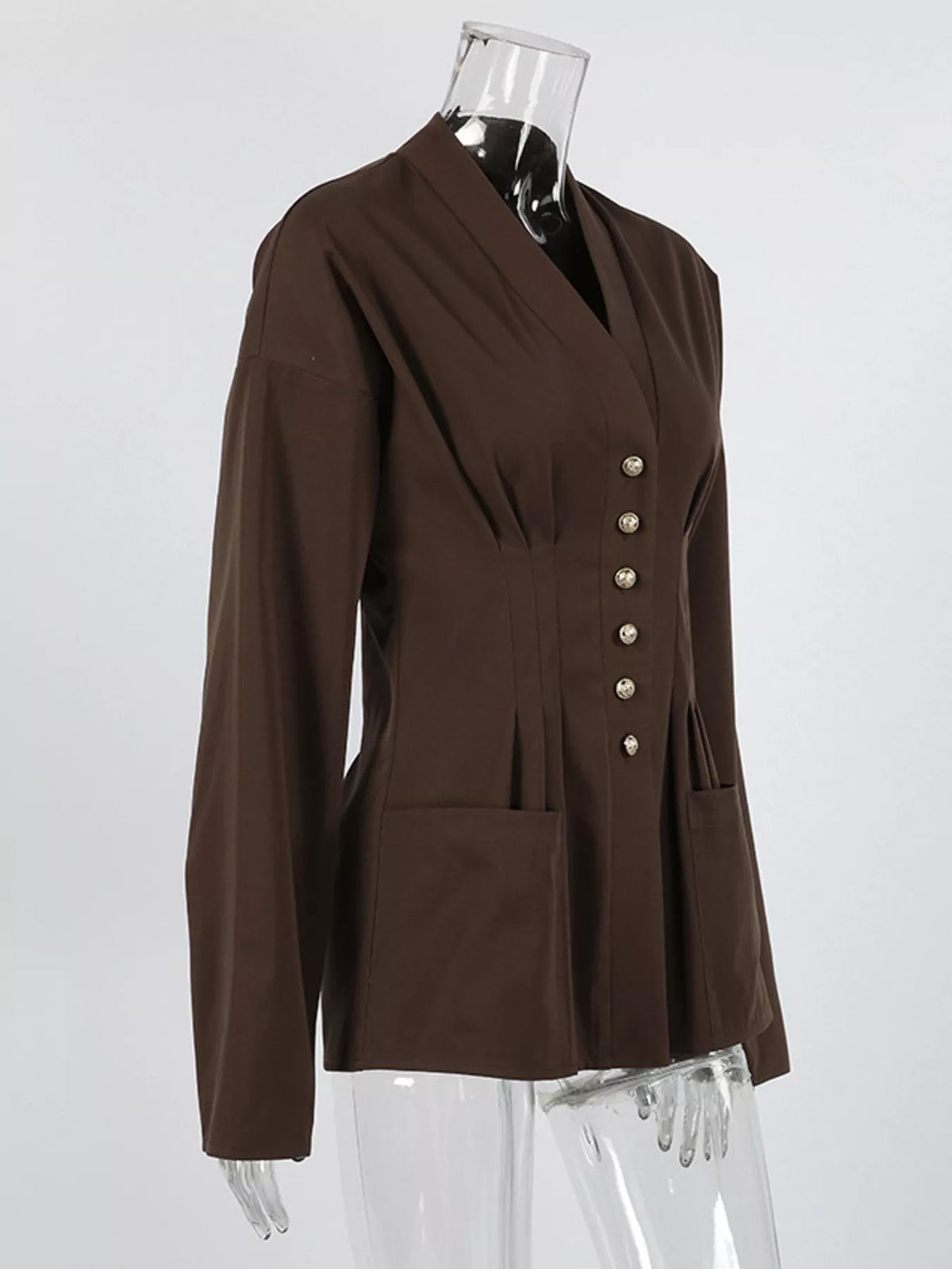 Pleated Waist Blouse with Button Detail