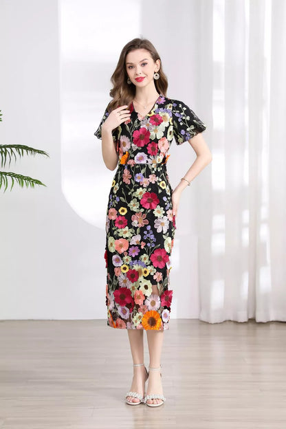Floral Embroidered Puff Sleeve Midi Dress