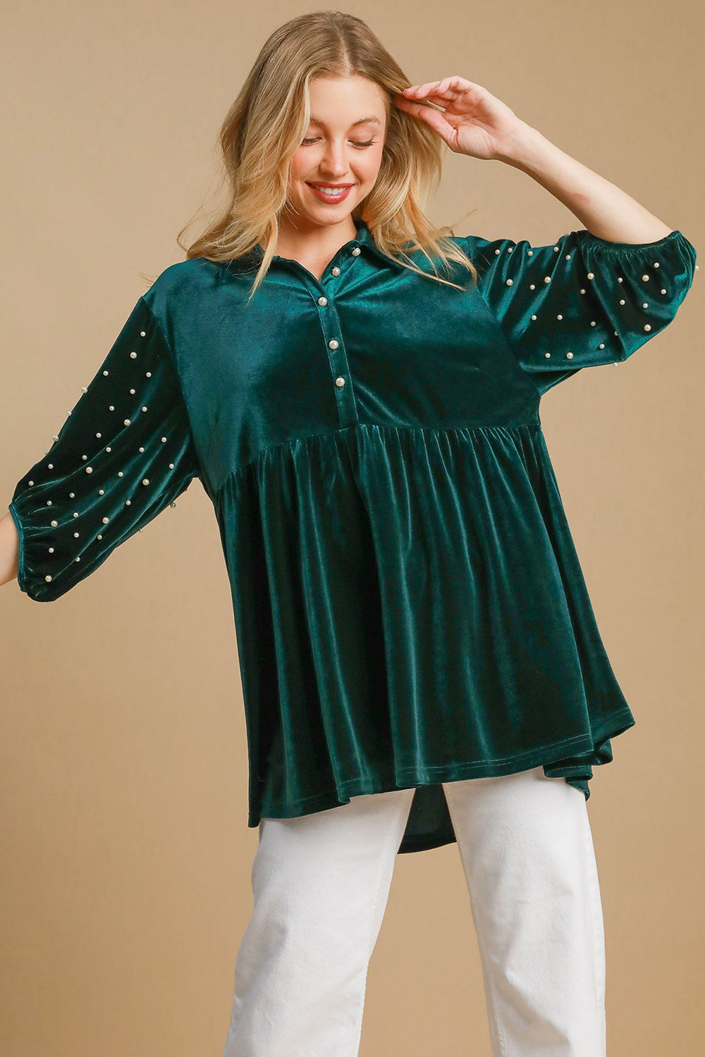 | Umgee Pearl Detail Half Sleeve Velvet Babydoll Blouse