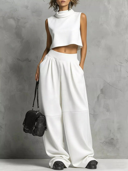 Sleeveless Mock Neck Crop Top and Wide-Leg Sweatpants Set