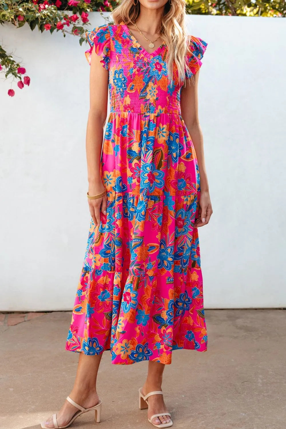 Boho Floral V Neck Ruffle Tiered Dress