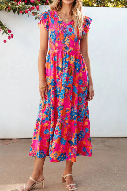 Boho Floral V Neck Ruffle Tiered Dress
