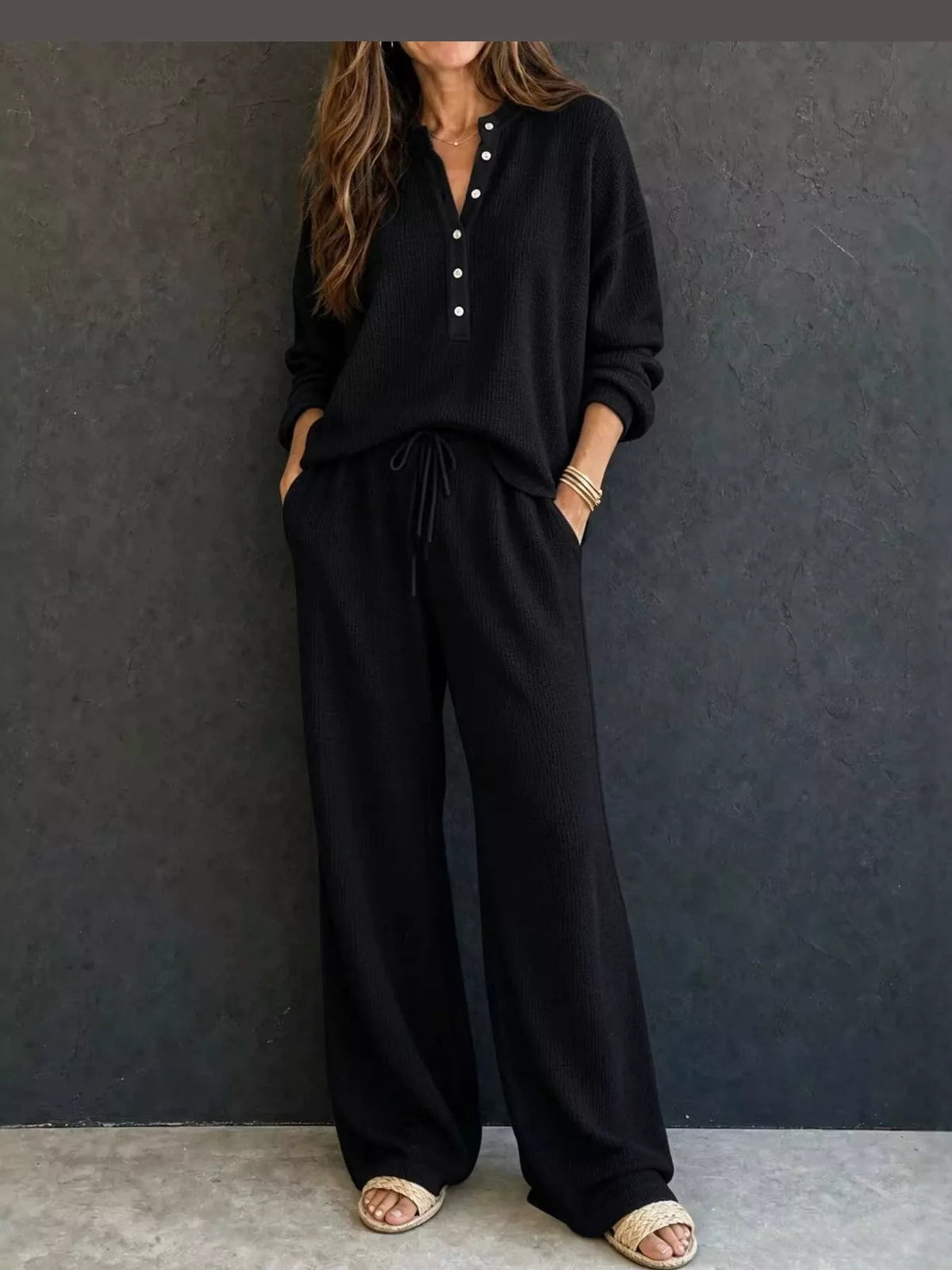 Women’s Waffle Knit Two-Piece Pants Set – Button-Front Top & Wide-Leg Pants