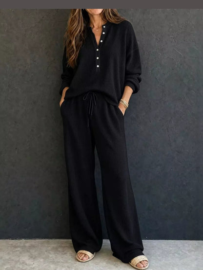Women’s Waffle Knit Two-Piece Pants Set – Button-Front Top & Wide-Leg Pants