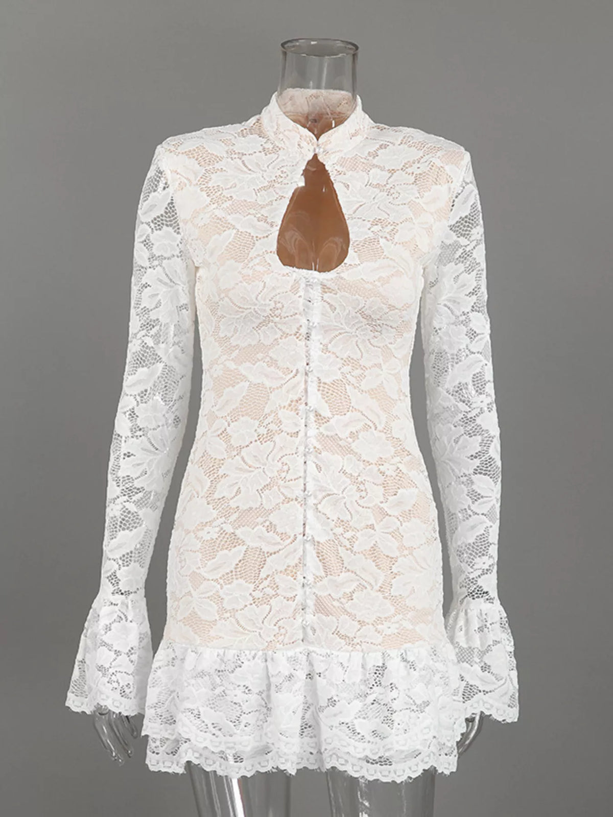 Lace Long-Sleeve Ruched Mini Dress
