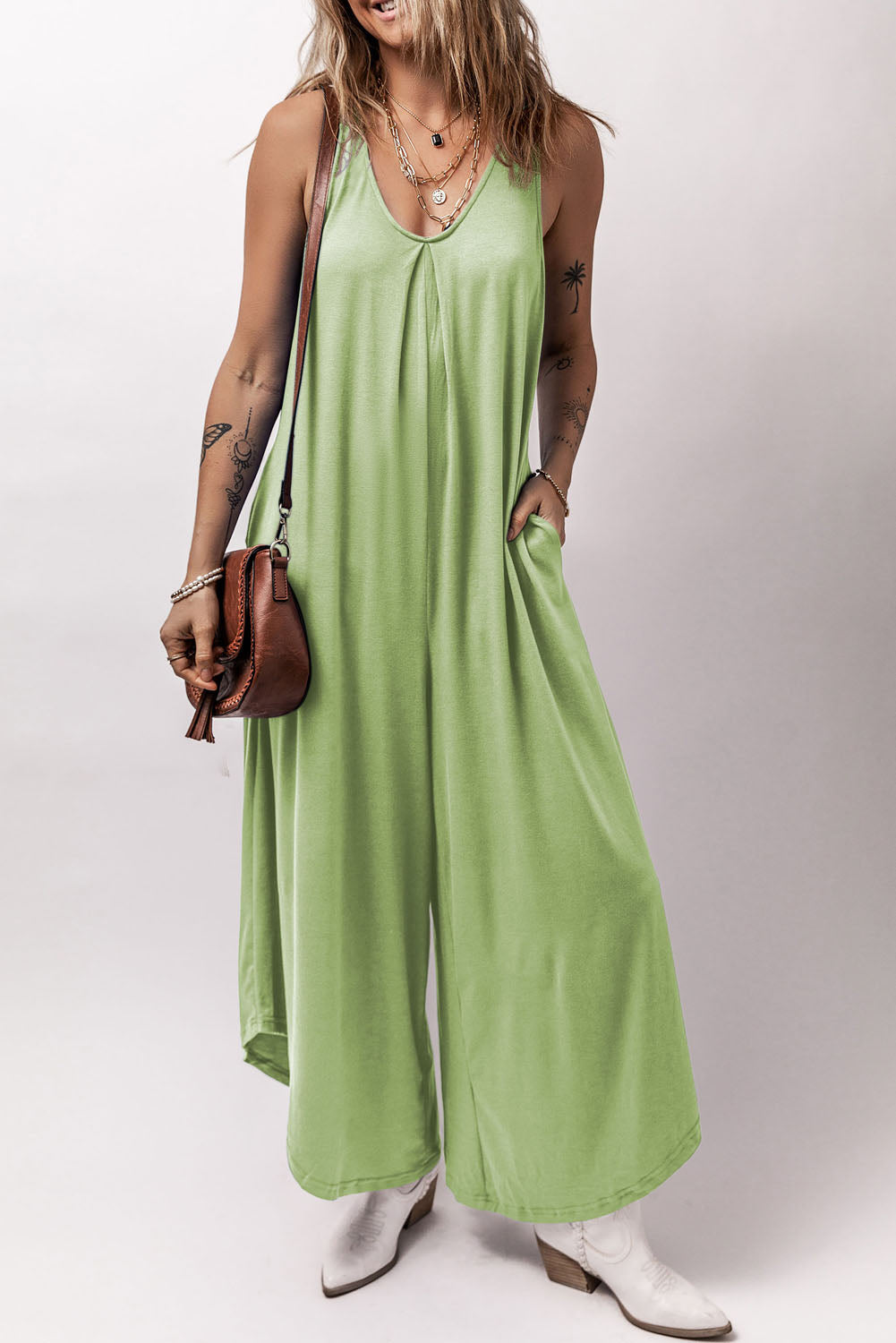 Grass Green Sleeveless V Neck Pocketed Wide Leg Jumpsuit