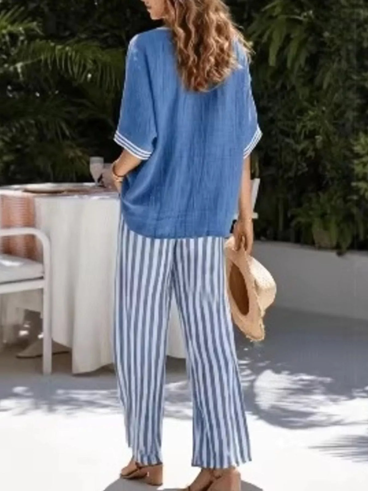 Striped Two-Piece Pants Set with V-Neck Top | S–3XL