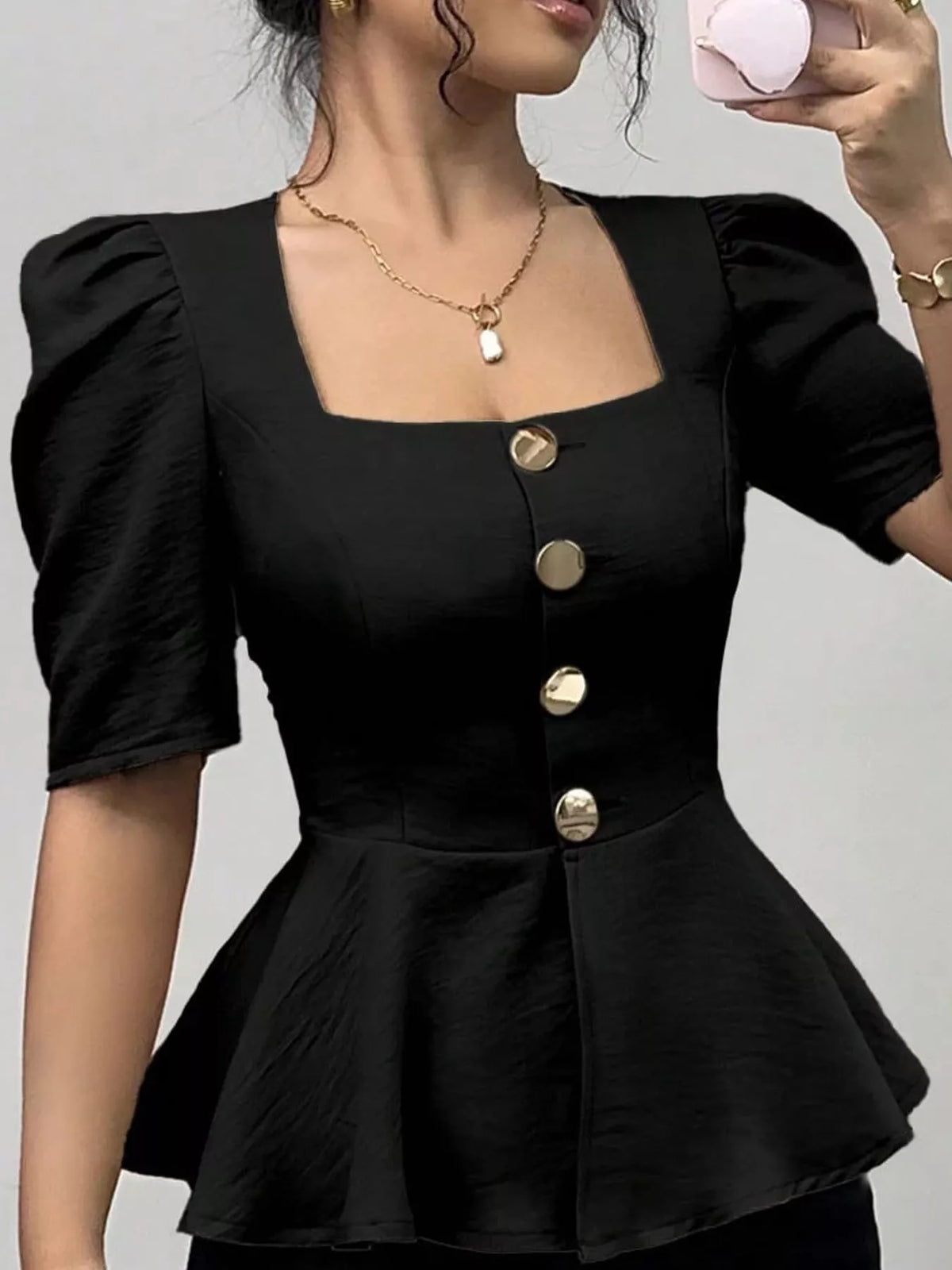 Square Neck Puff Sleeve Peplum Blouse