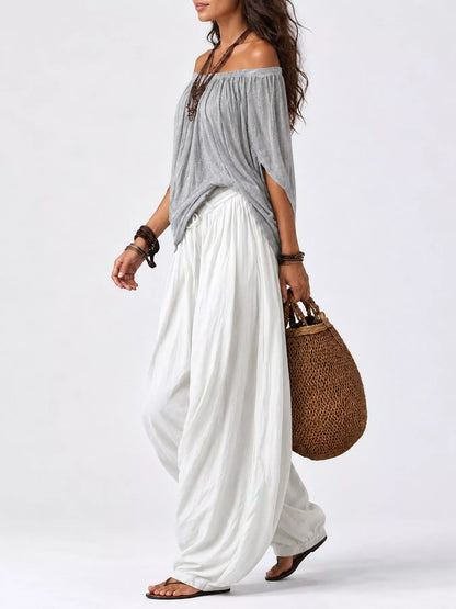 Full Size Off-Shoulder Top and Wide-Leg Harem Pants Set Plus Size