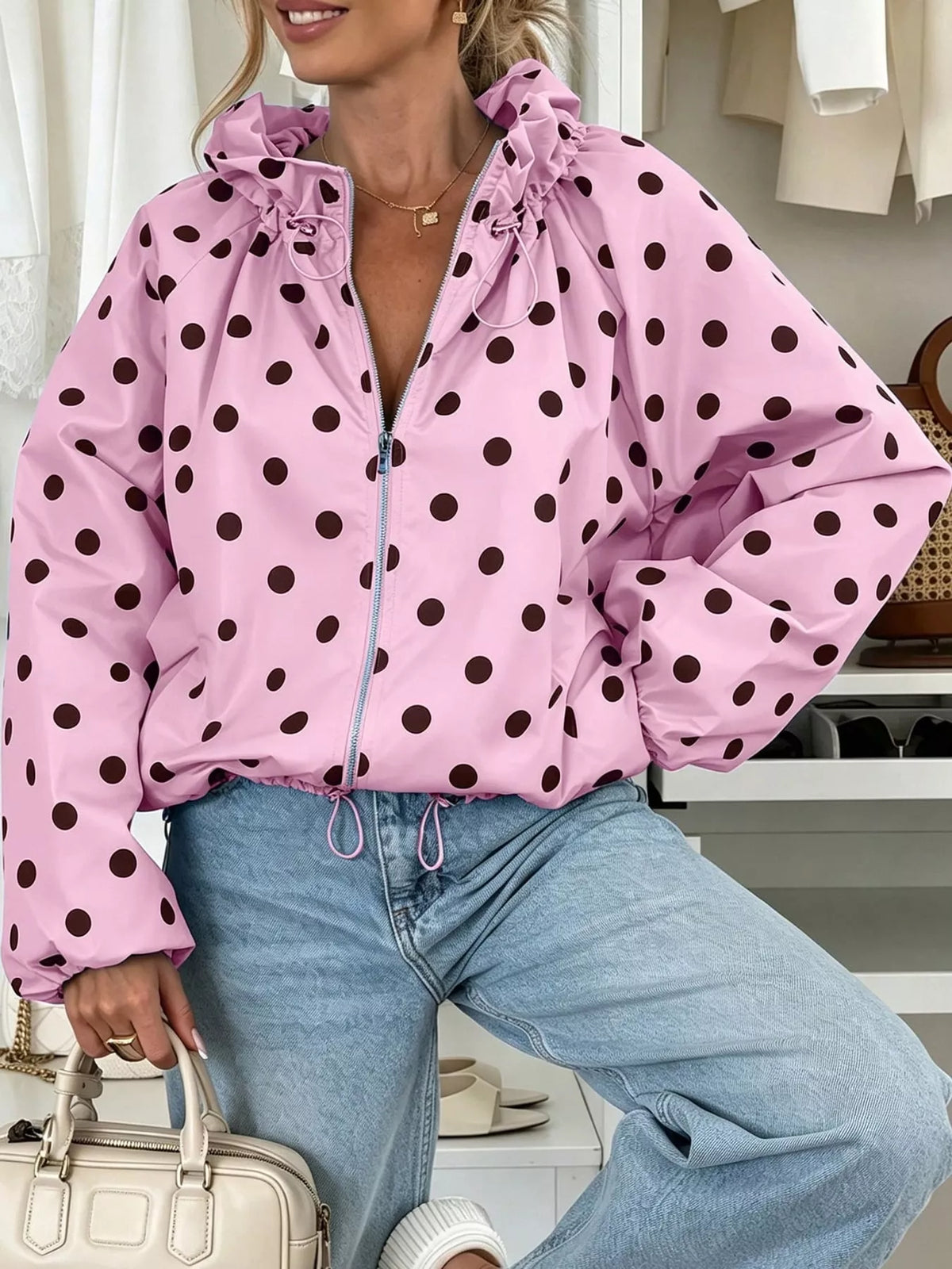 Polka Dot Zip Up Hooded Jacket