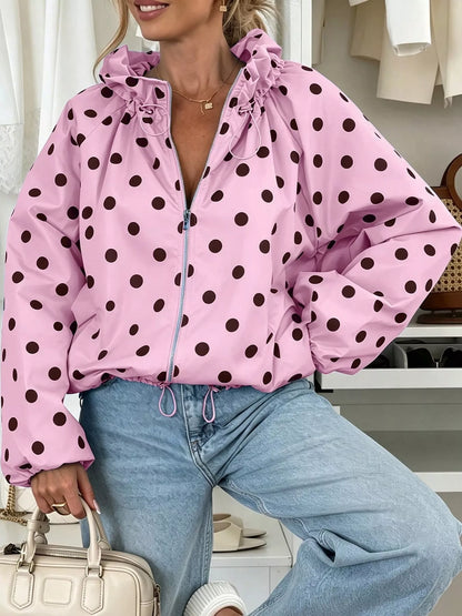 Polka Dot Zip Up Hooded Jacket