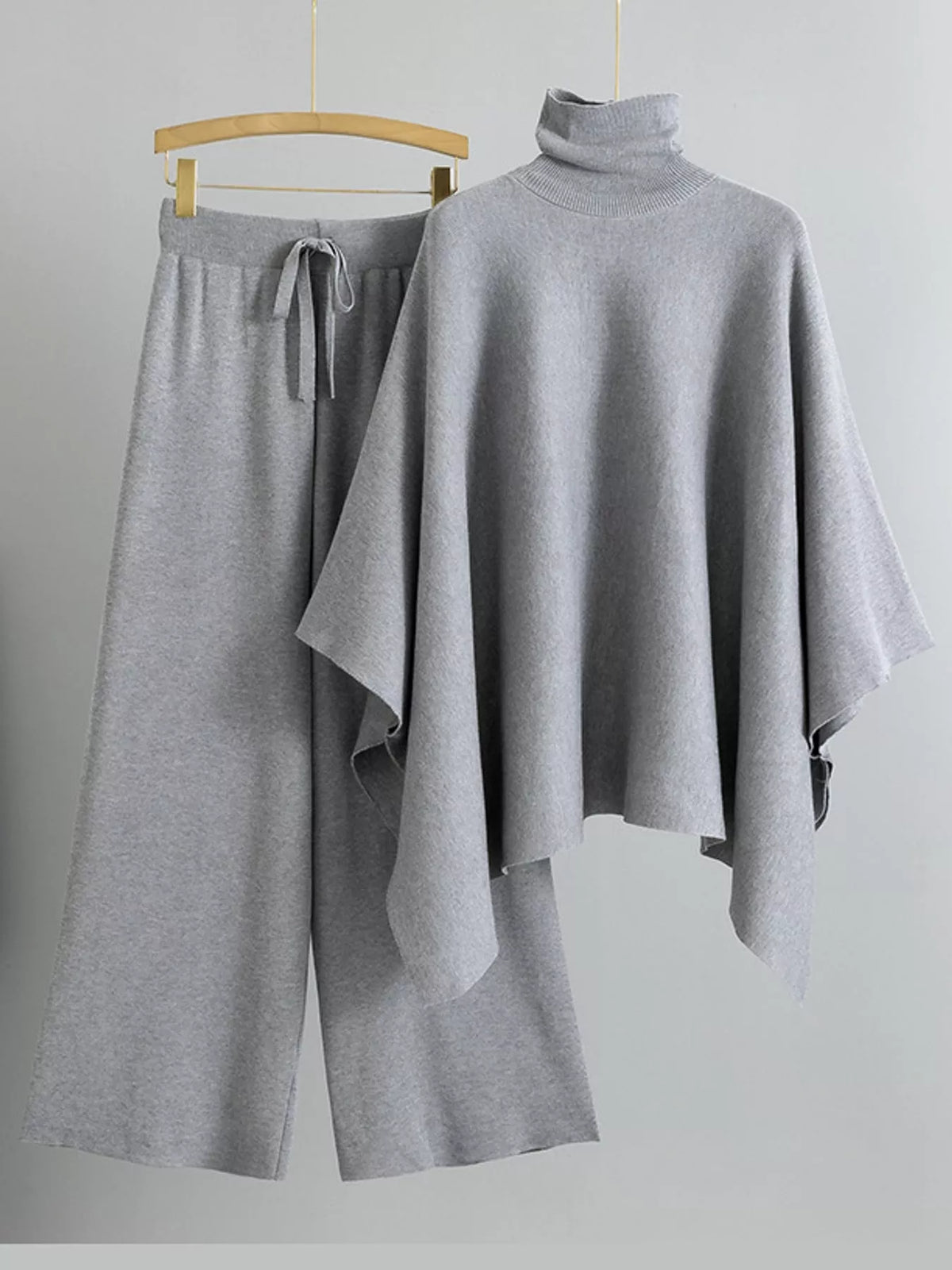 Turtleneck Poncho Pants Set with Wide-Leg Knit Pants
