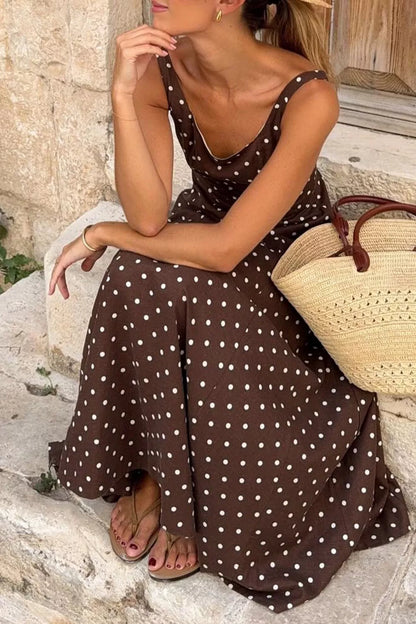 Polka Dot Print Square Neck Sleeveless Vacation Maxi Dress
