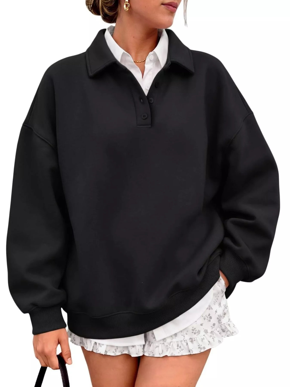 Button Detail Dropped Shoulder Sweatshirt