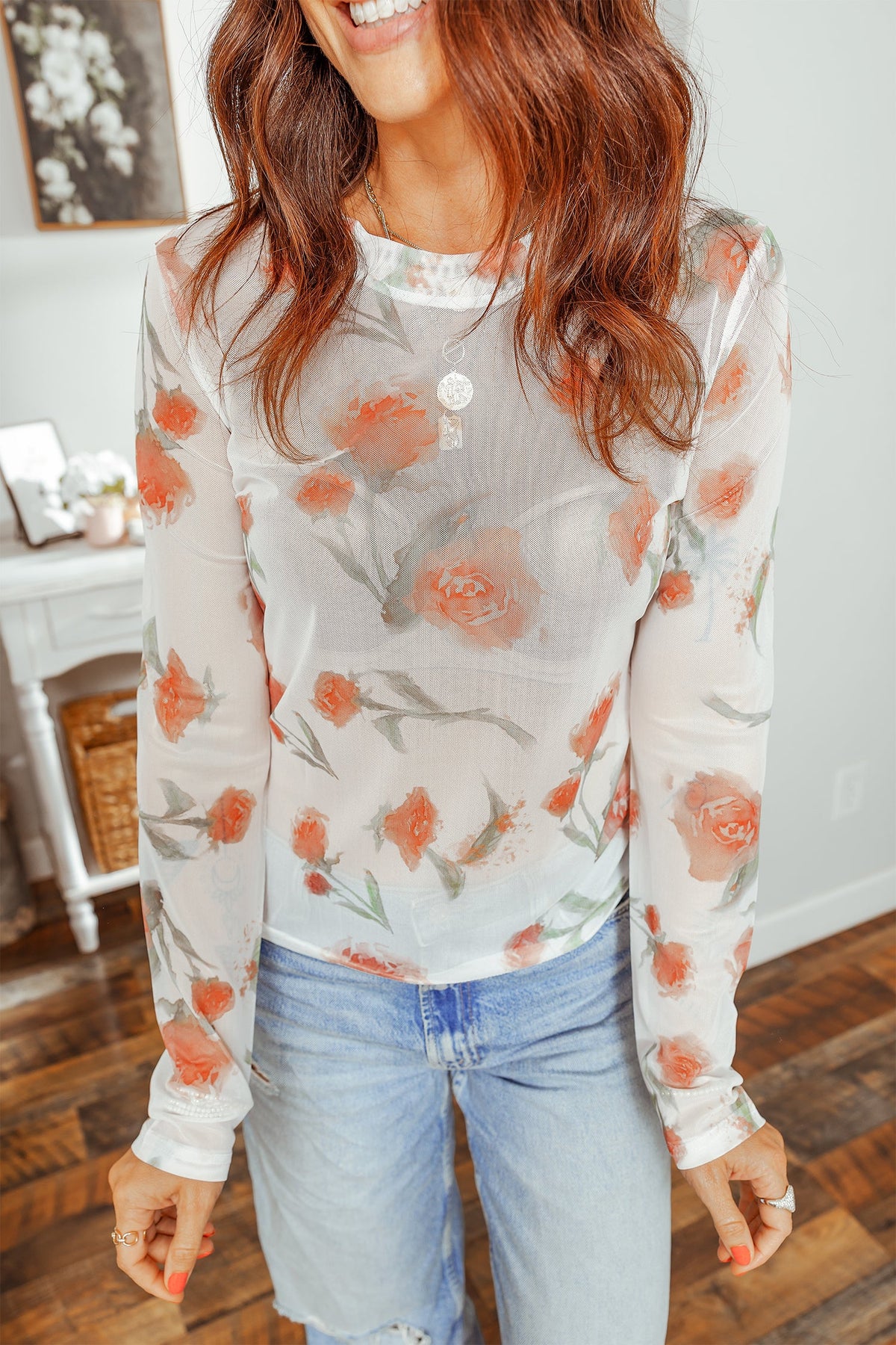 Casual Round Neck Floral Print Mesh Long Sleeve Top