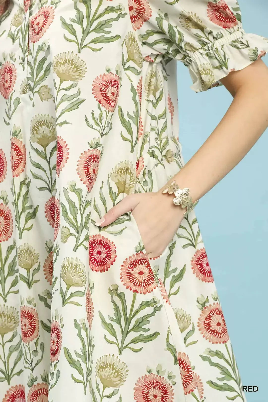 Umgee Floral Puff Sleeve Babydoll Dress with Side Pockets